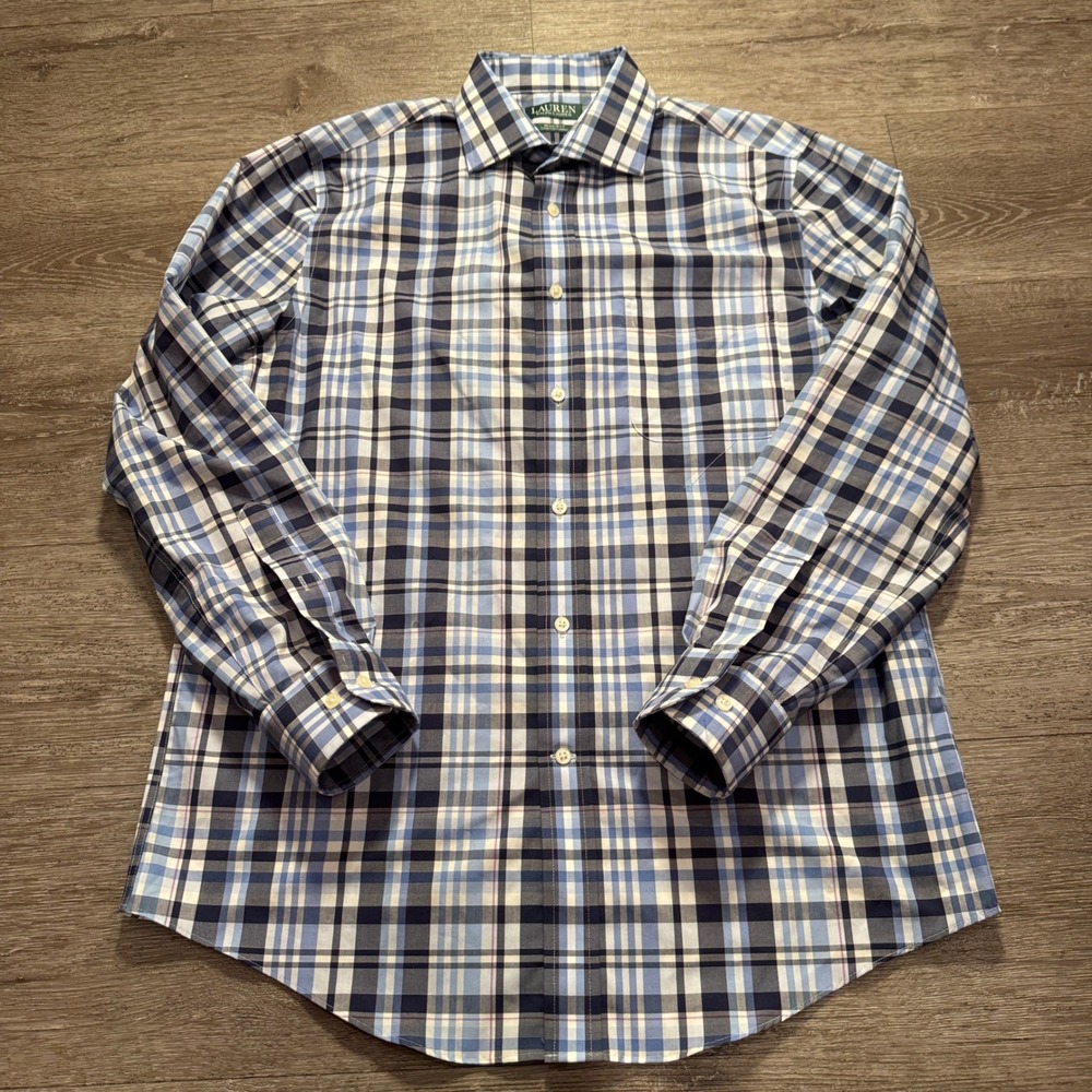 Lauren Ralph Lauren Shirt Women M Blue Cotton Flex Plaid Preppy Classic Office